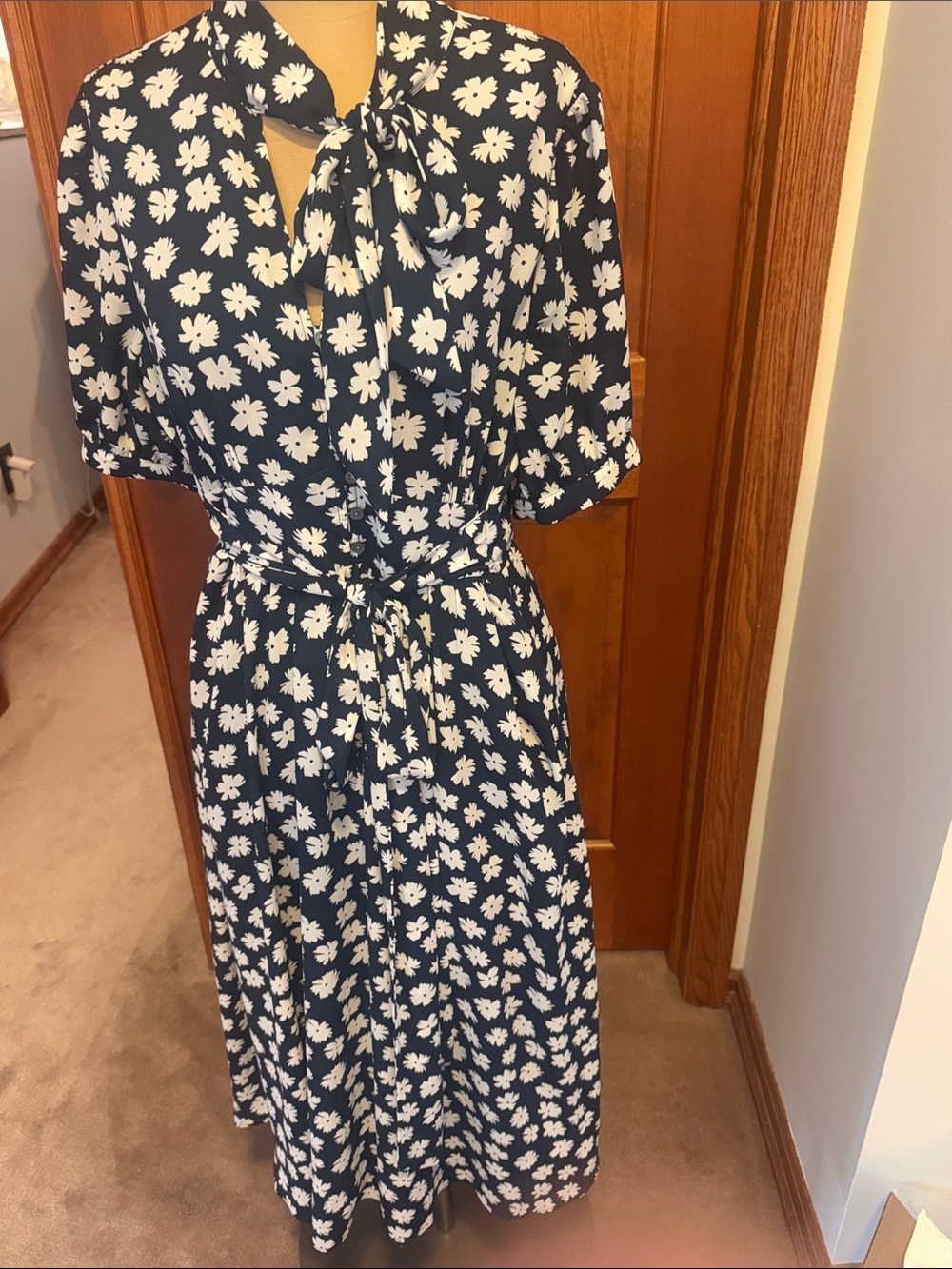 J. Crew Navy and White Floral Tie-Waist Midi Dress with Short Sleeves